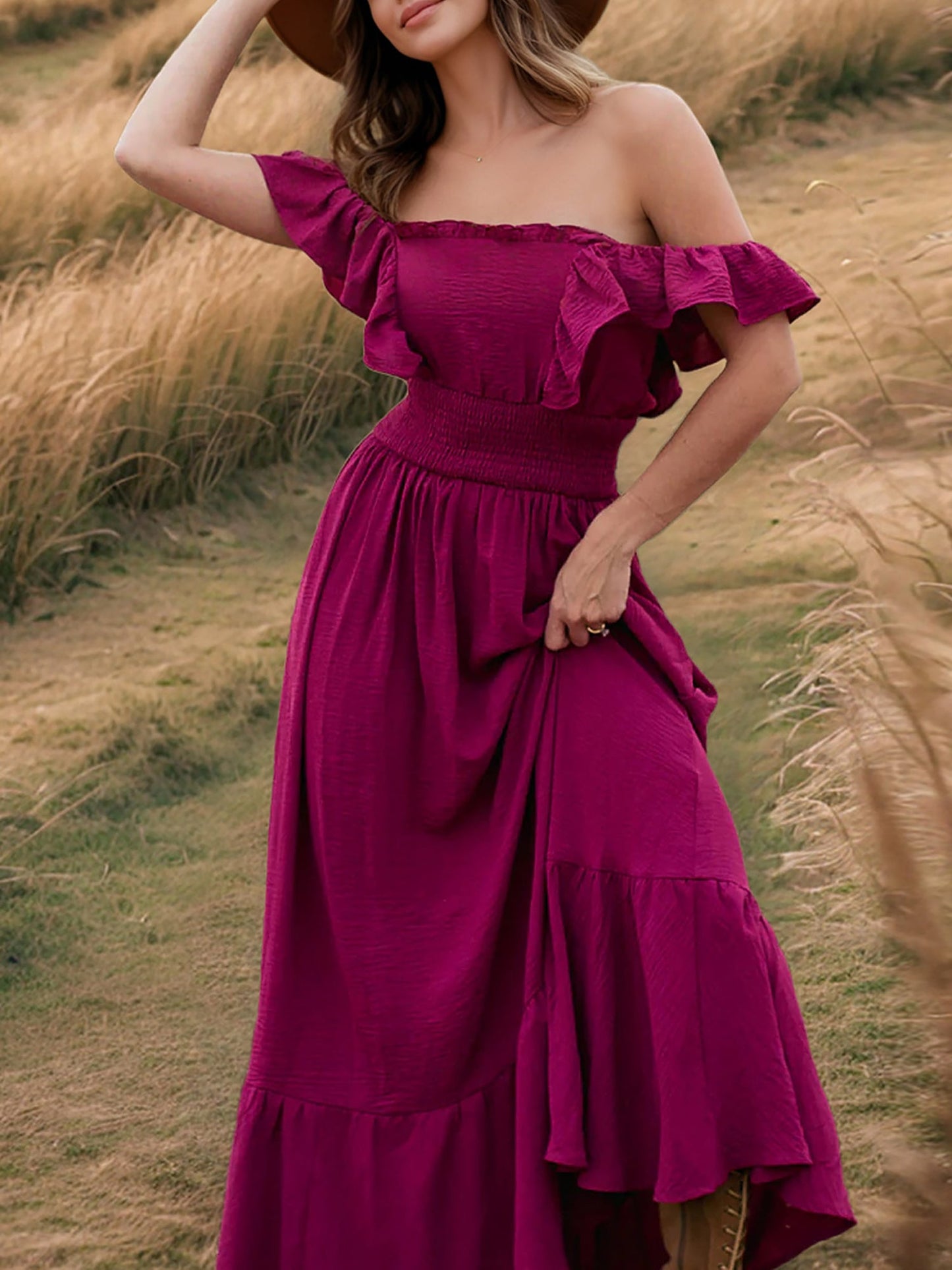 Off Shoulder Ruffled Solid Color Maxi Dress