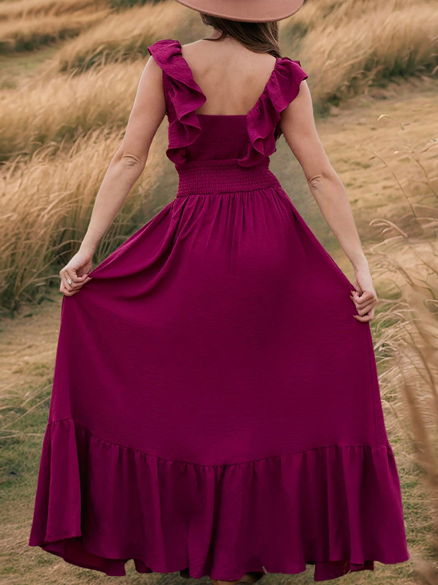 Off Shoulder Ruffled Solid Color Maxi Dress