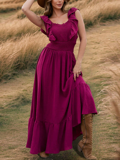 Off Shoulder Ruffled Solid Color Maxi Dress
