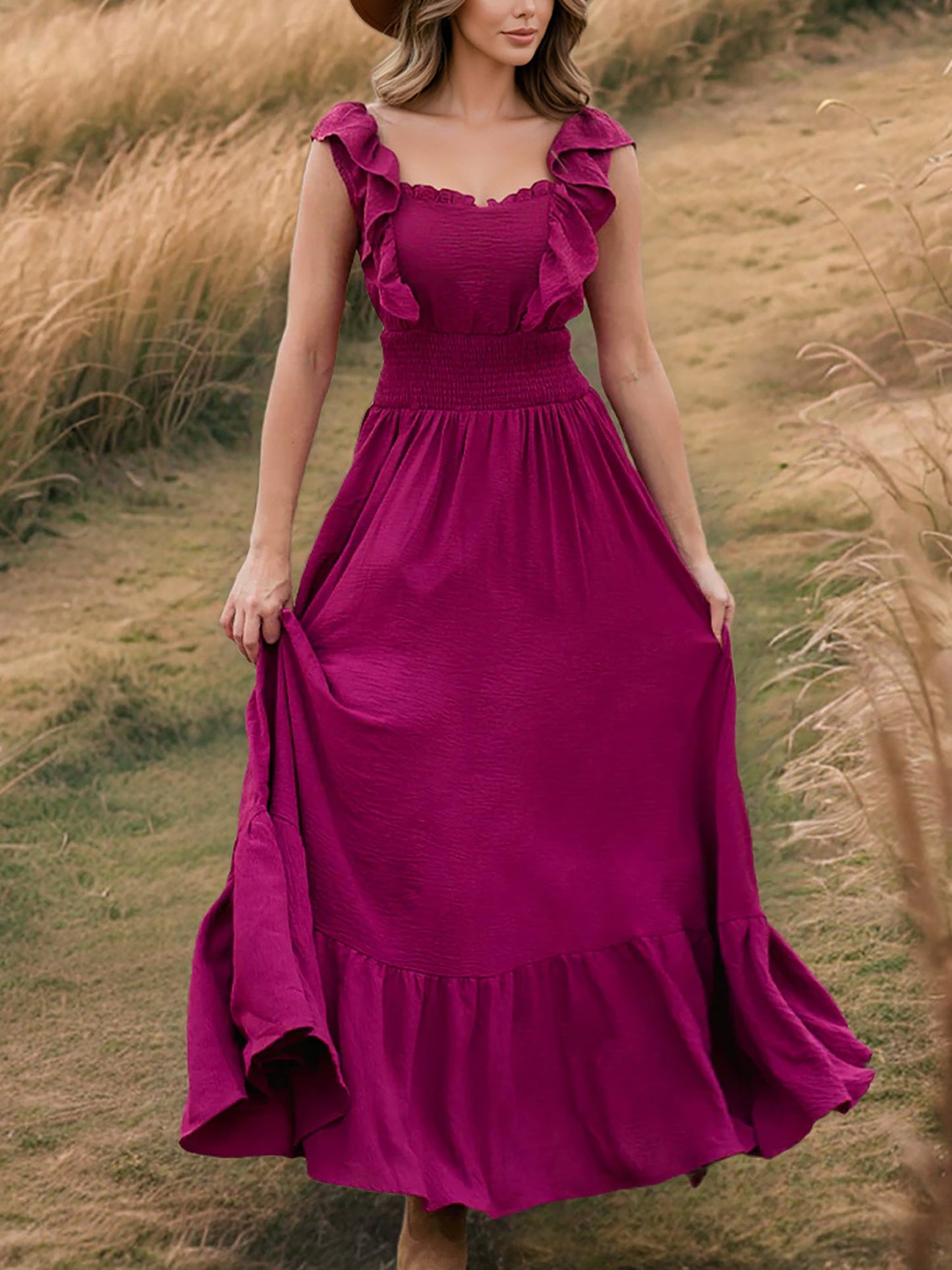 Off Shoulder Ruffled Solid Color Maxi Dress