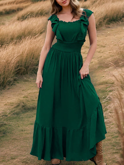 Off Shoulder Ruffled Solid Color Maxi Dress