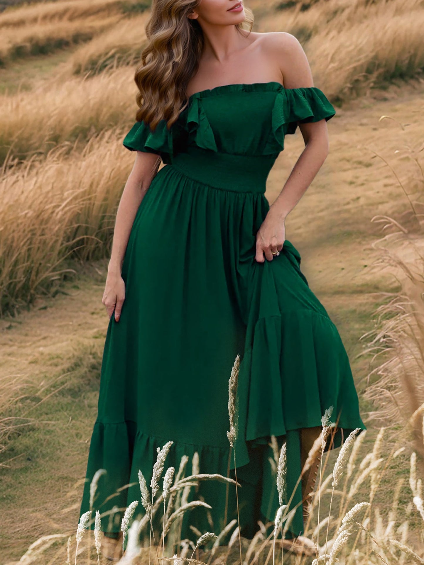 Off Shoulder Ruffled Solid Color Maxi Dress