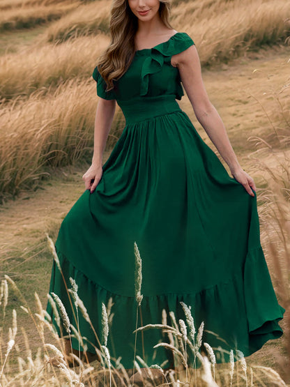 Off Shoulder Ruffled Solid Color Maxi Dress