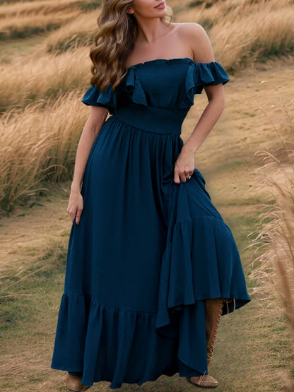 Off Shoulder Ruffled Solid Color Maxi Dress
