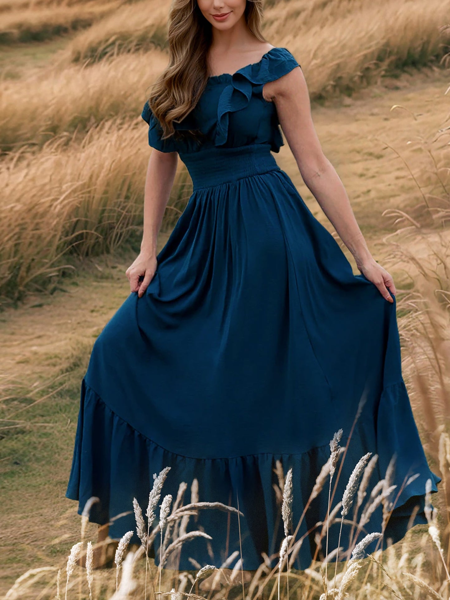 Off Shoulder Ruffled Solid Color Maxi Dress