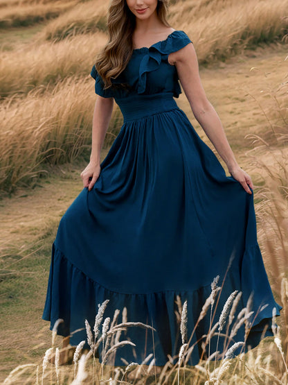Off Shoulder Ruffled Solid Color Maxi Dress