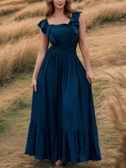Off Shoulder Ruffled Solid Color Maxi Dress