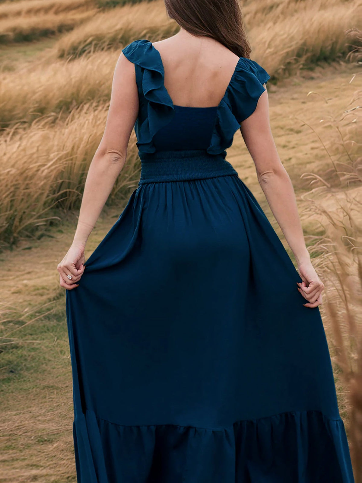 Off Shoulder Ruffled Solid Color Maxi Dress