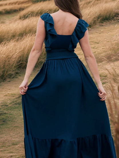 Off Shoulder Ruffled Solid Color Maxi Dress
