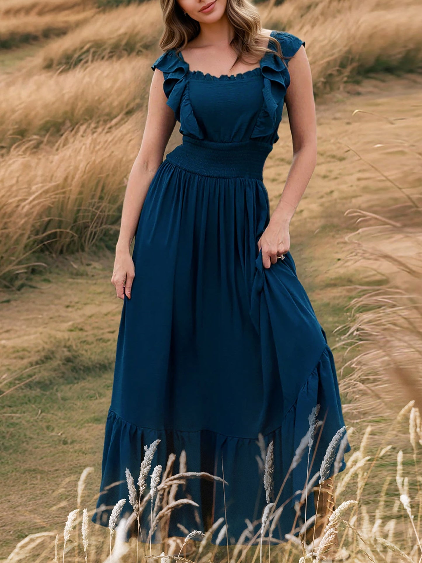 Off Shoulder Ruffled Solid Color Maxi Dress