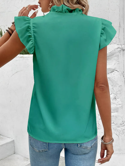 Ruffled Short Sleeves Solid Color Blouse