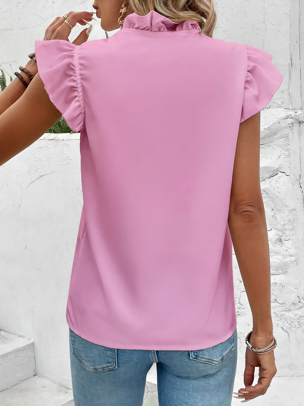 Ruffled Short Sleeves Solid Color Blouse