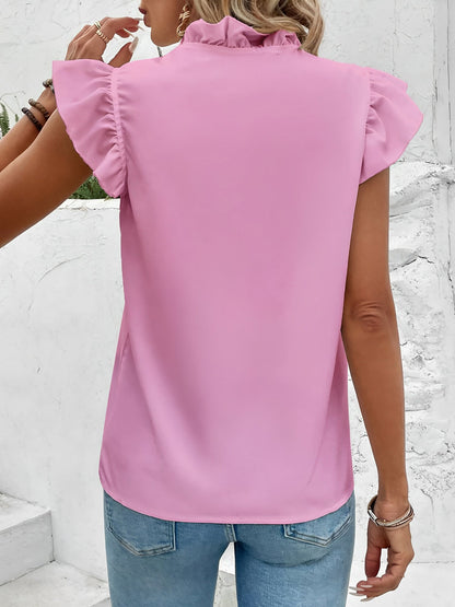 Ruffled Short Sleeves Solid Color Blouse