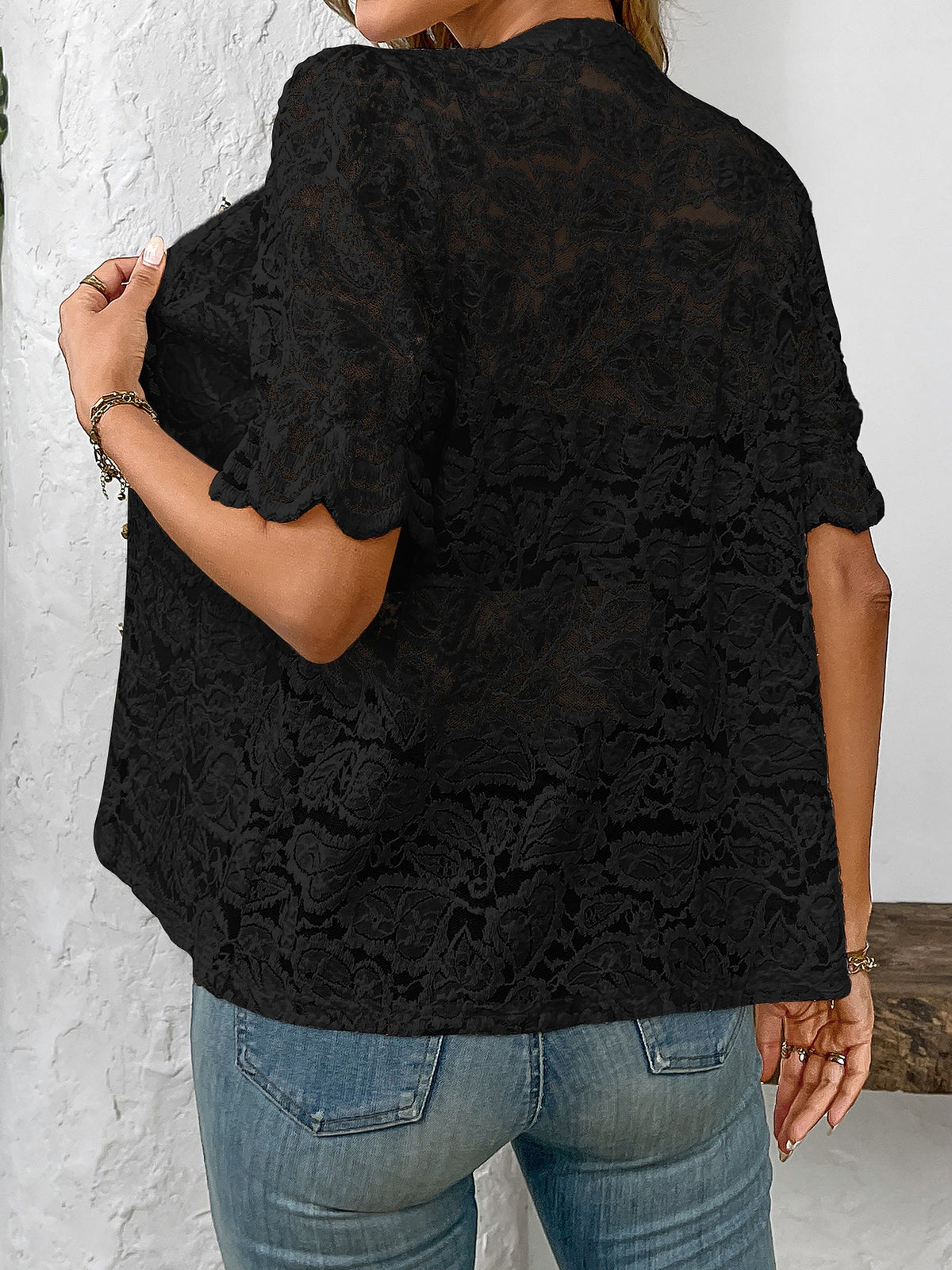 Lace Round Neck Short Sleeve Sheer Blouse