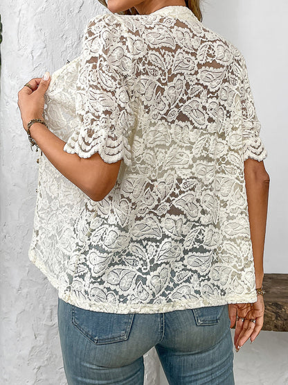 Lace Round Neck Short Sleeve Sheer Blouse