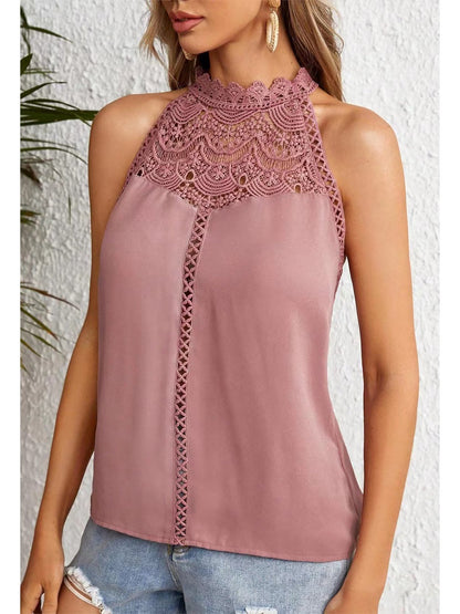 Halter Neck Sleeveless Lace Patchwork Blouse