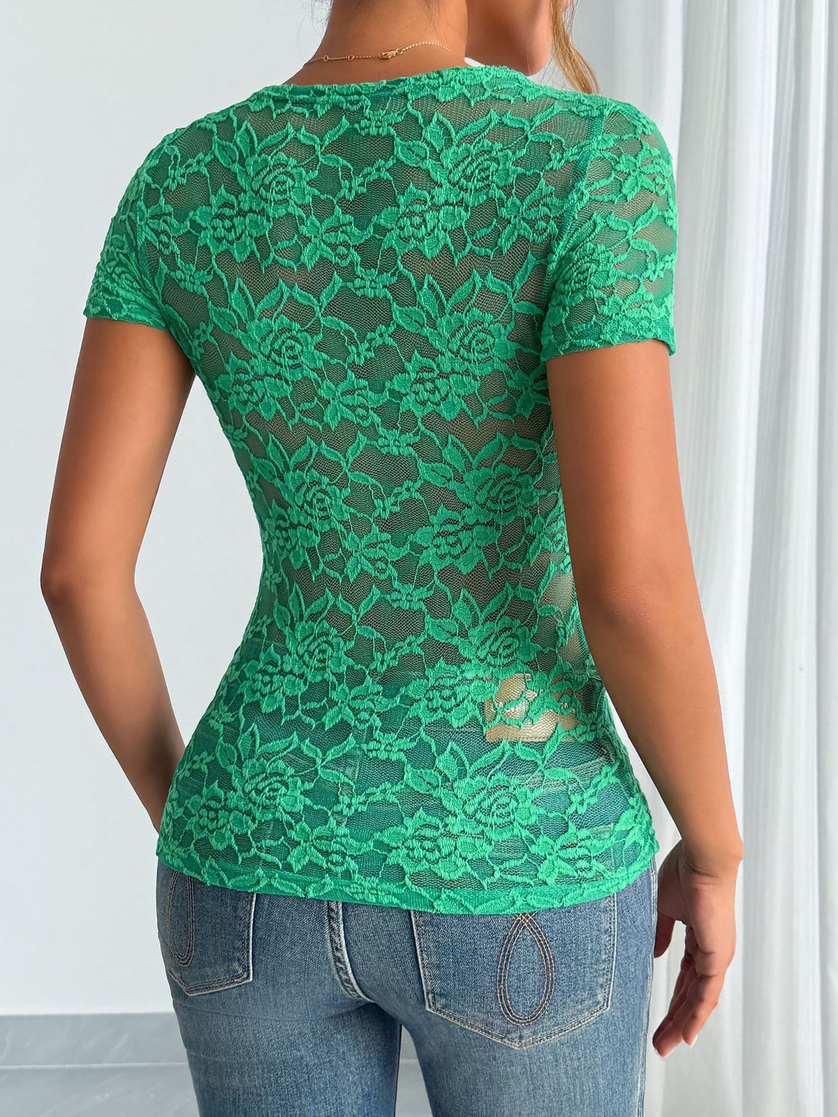 Solid Color Lace V Neck Short Sleeves Blouse