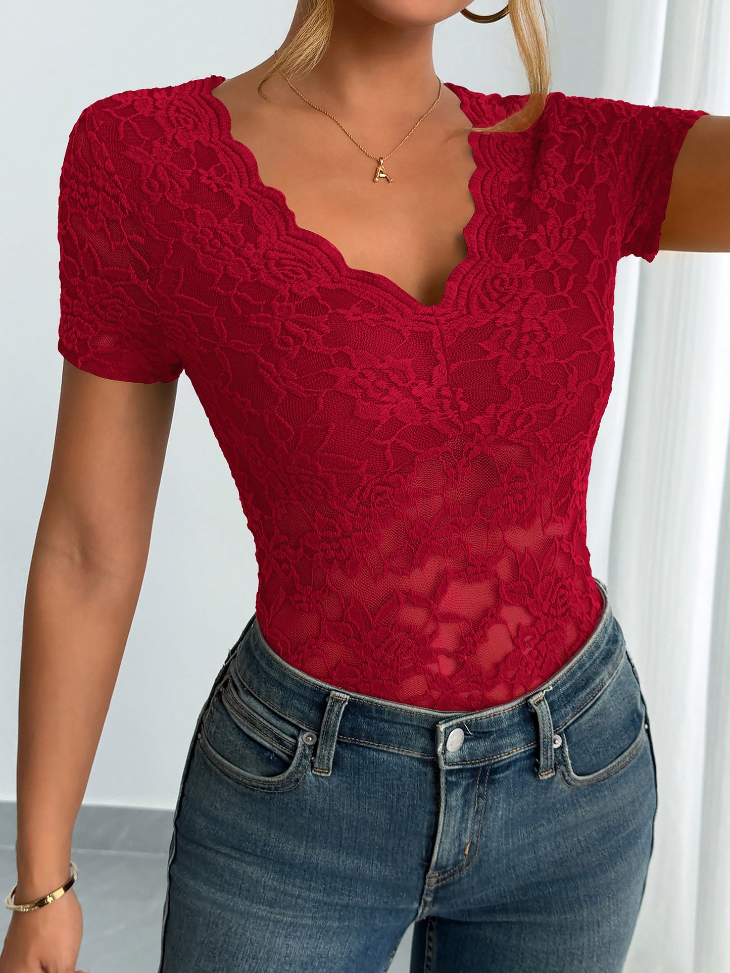Solid Color Lace V Neck Short Sleeves Blouse