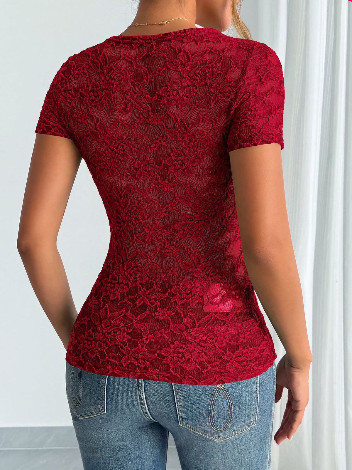 Solid Color Lace V Neck Short Sleeves Blouse