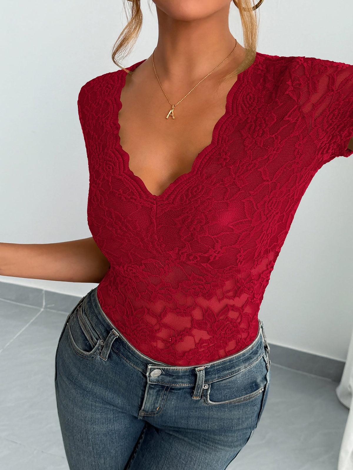 Solid Color Lace V Neck Short Sleeves Blouse
