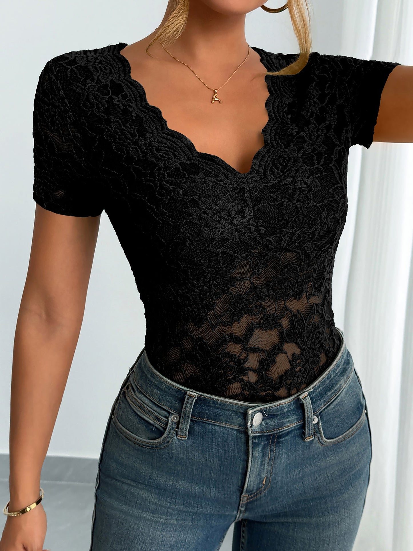 Solid Color Lace V Neck Short Sleeves Blouse