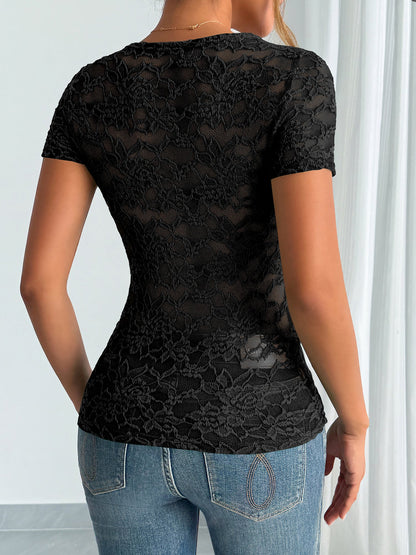 Solid Color Lace V Neck Short Sleeves Blouse