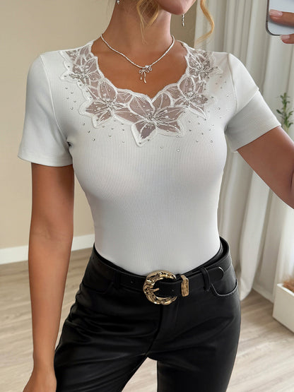 Lace Patchwork Rhinestone Decor Casual Blouse