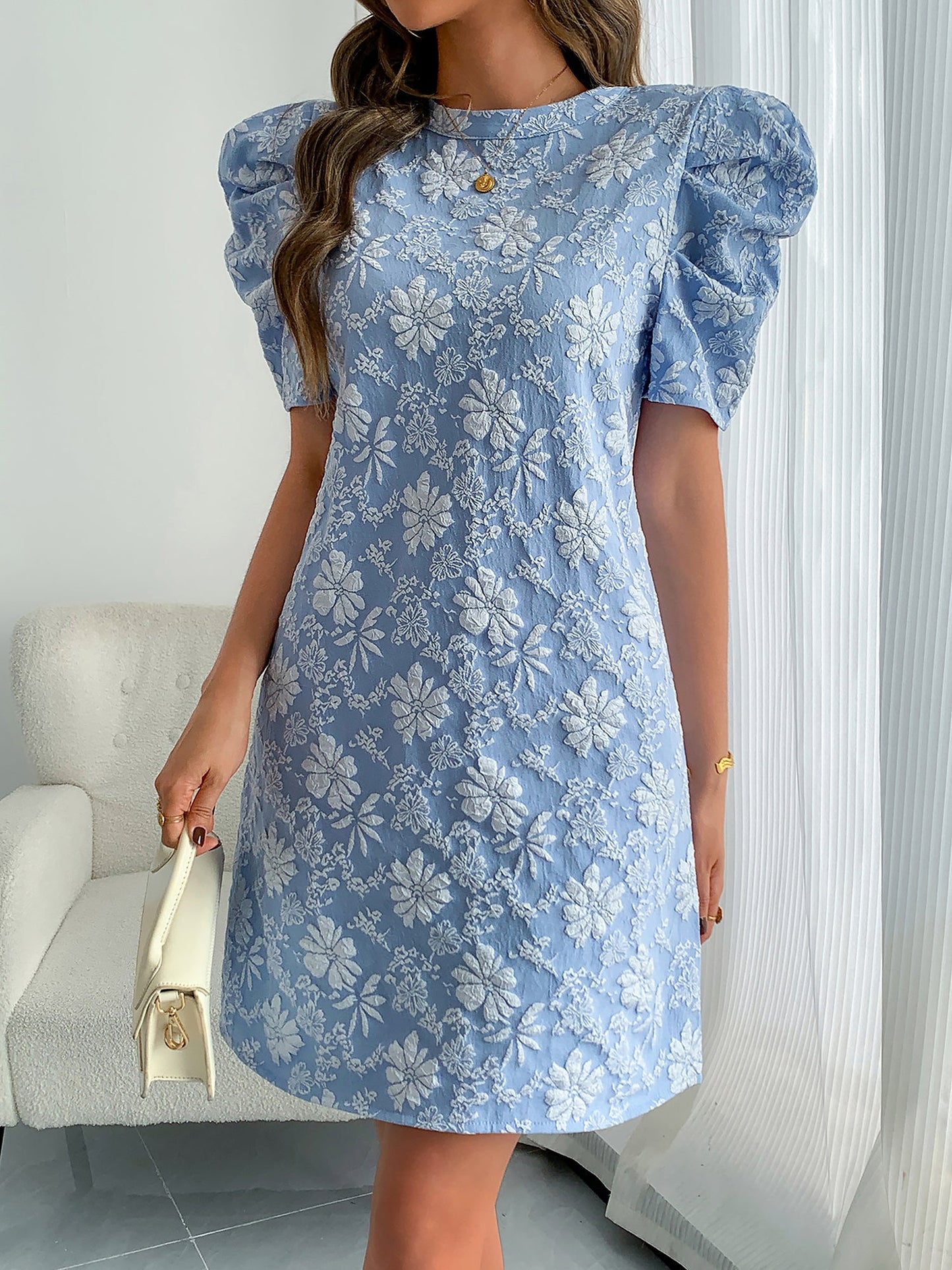 Puff Short Sleeve Flower Textured Mini Dress