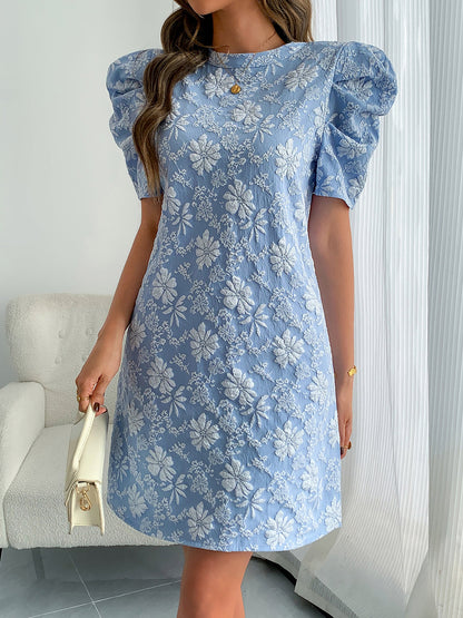 Puff Short Sleeve Flower Textured Mini Dress