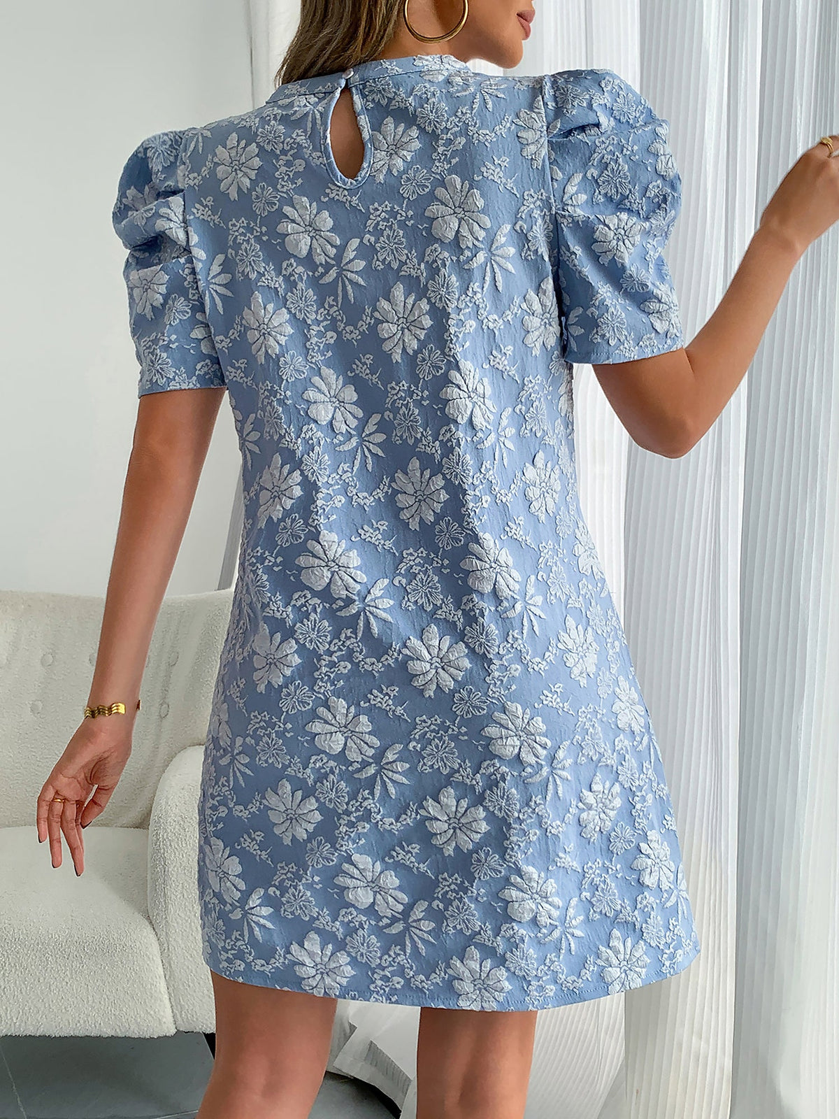 Puff Short Sleeve Flower Textured Mini Dress