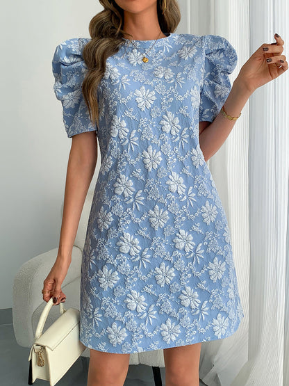Puff Short Sleeve Flower Textured Mini Dress