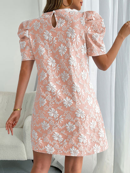 Puff Short Sleeve Flower Textured Mini Dress
