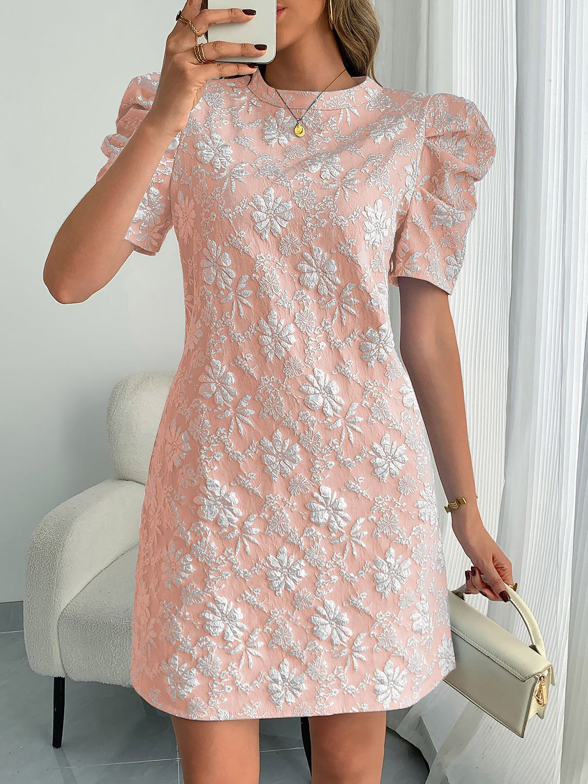 Puff Short Sleeve Flower Textured Mini Dress