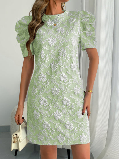 Puff Short Sleeve Flower Textured Mini Dress