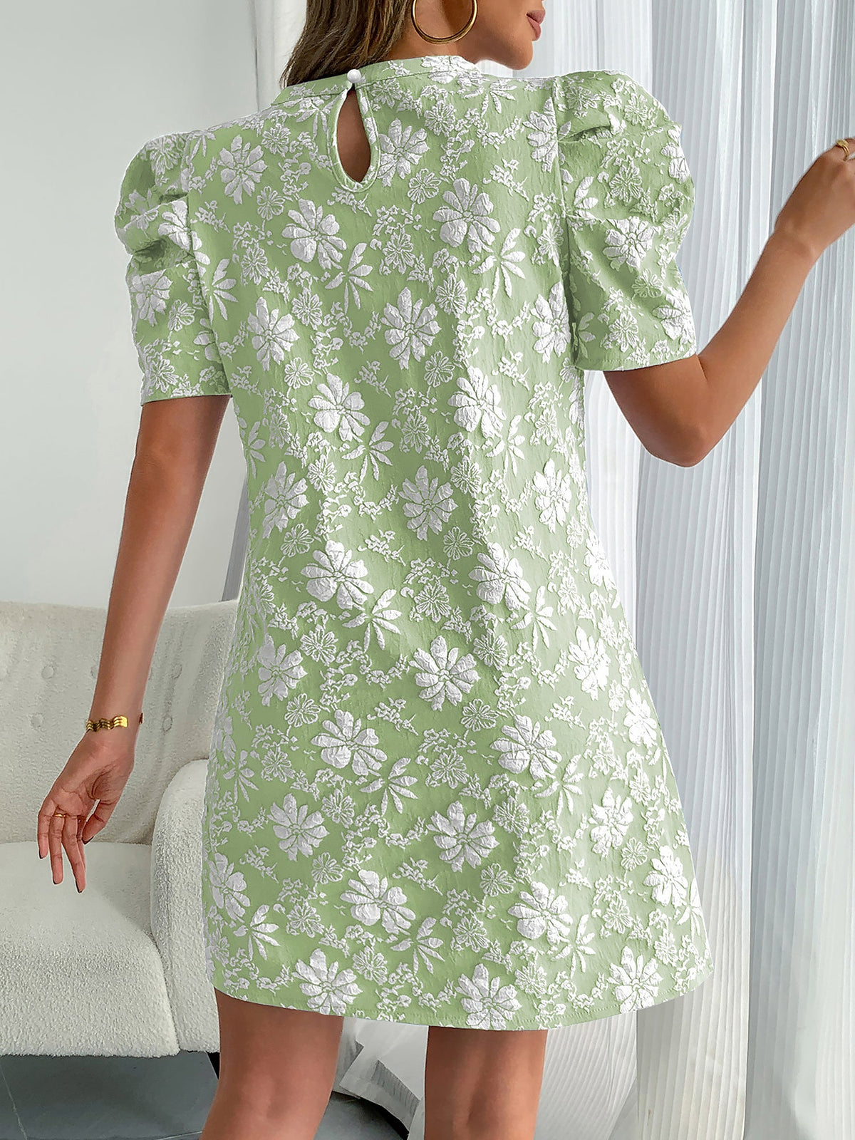 Puff Short Sleeve Flower Textured Mini Dress