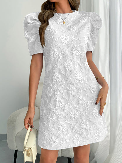 Puff Short Sleeve Flower Textured Mini Dress