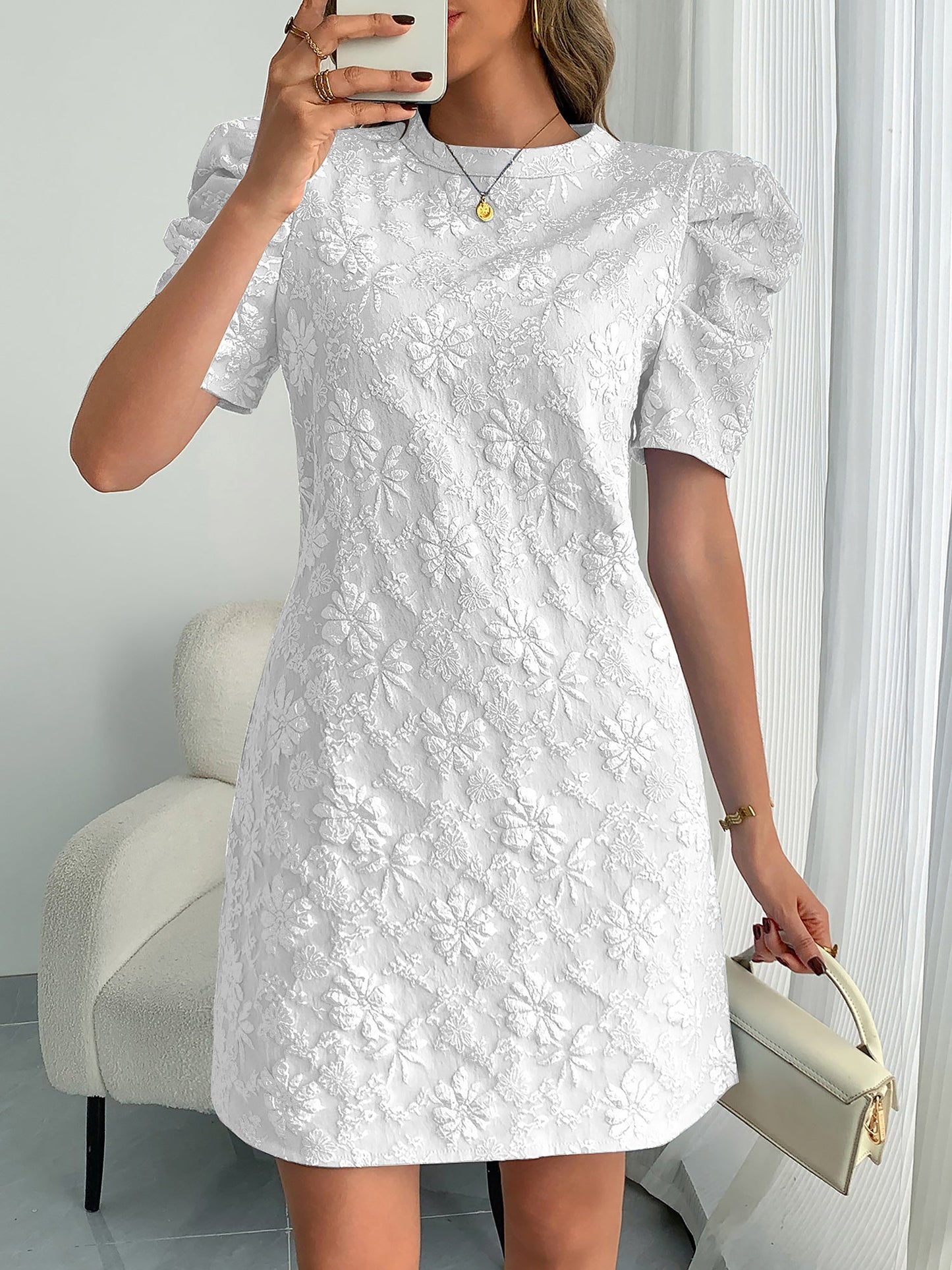 Puff Short Sleeve Flower Textured Mini Dress