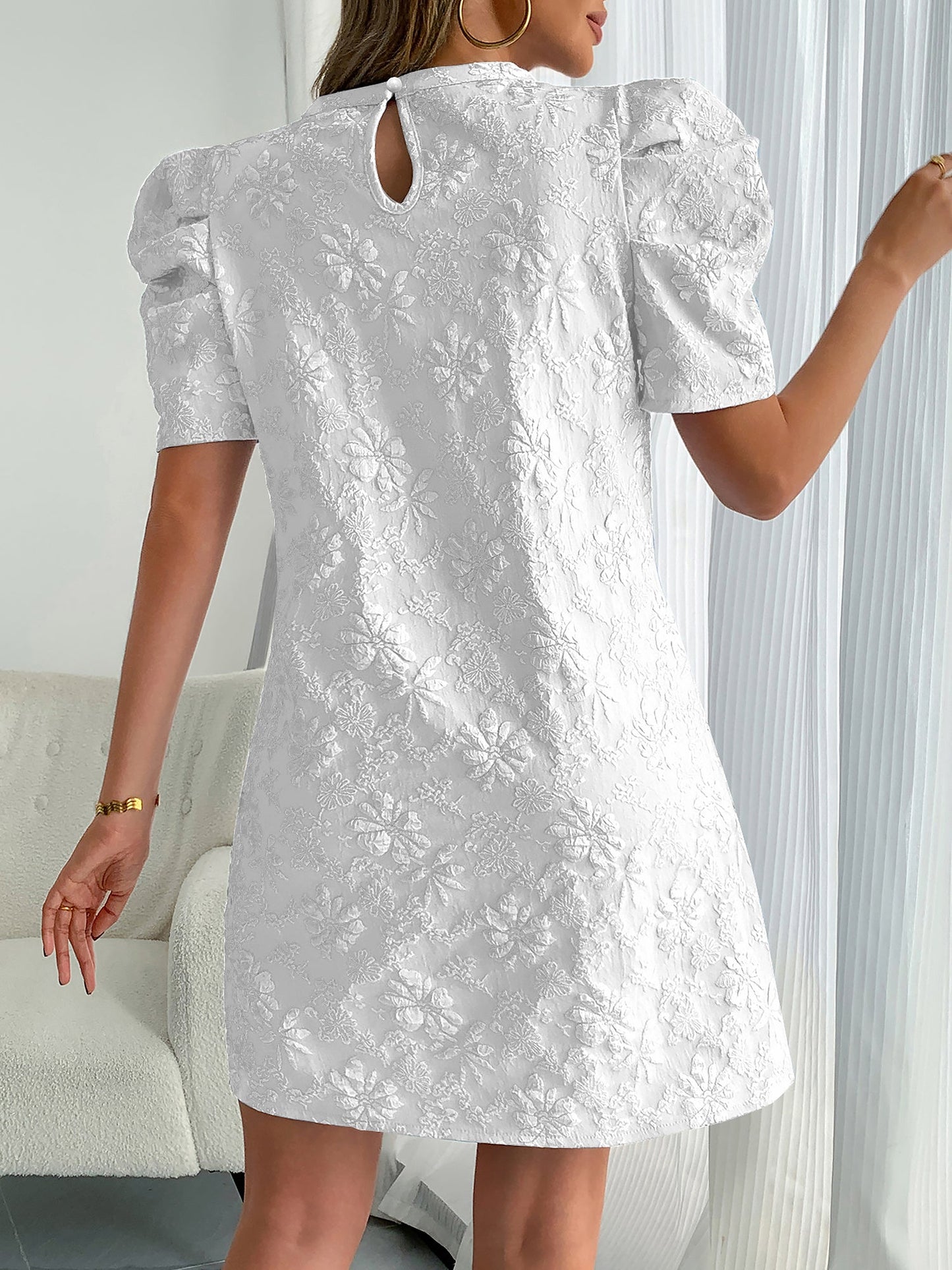 Puff Short Sleeve Flower Textured Mini Dress