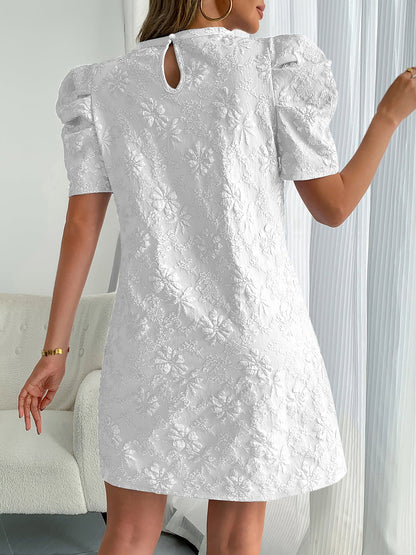 Puff Short Sleeve Flower Textured Mini Dress