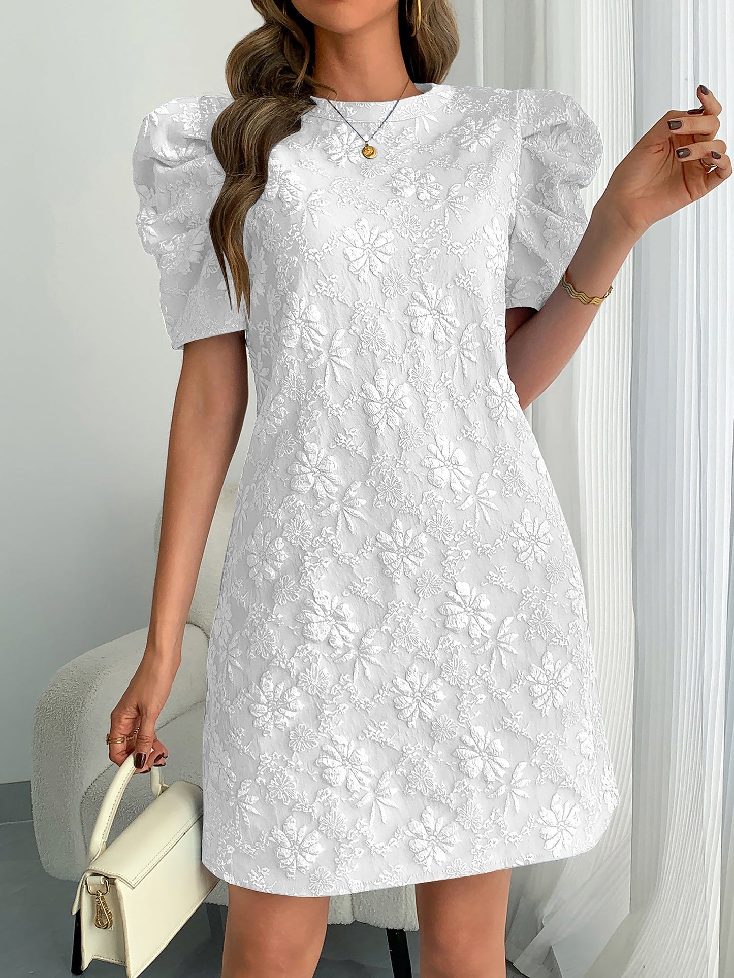 Puff Short Sleeve Flower Textured Mini Dress