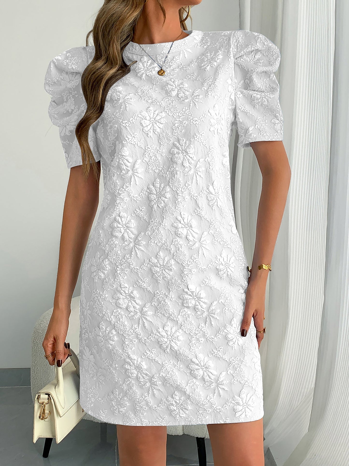 Puff Short Sleeve Flower Textured Mini Dress