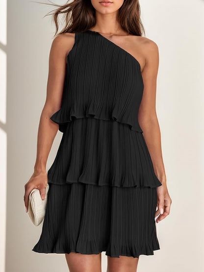 One Shoulder Pleated Ruffled Tiered Mini Dress