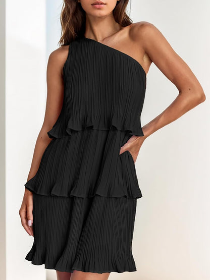 One Shoulder Pleated Ruffled Tiered Mini Dress