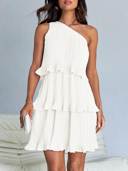 One Shoulder Pleated Ruffled Tiered Mini Dress