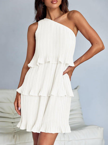 One Shoulder Pleated Ruffled Tiered Mini Dress