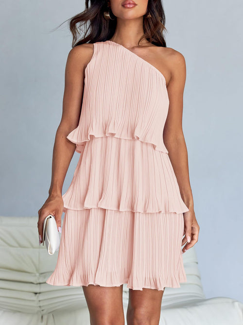 One Shoulder Pleated Ruffled Tiered Mini Dress