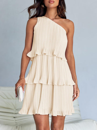 One Shoulder Pleated Ruffled Tiered Mini Dress
