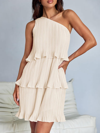 One Shoulder Pleated Ruffled Tiered Mini Dress