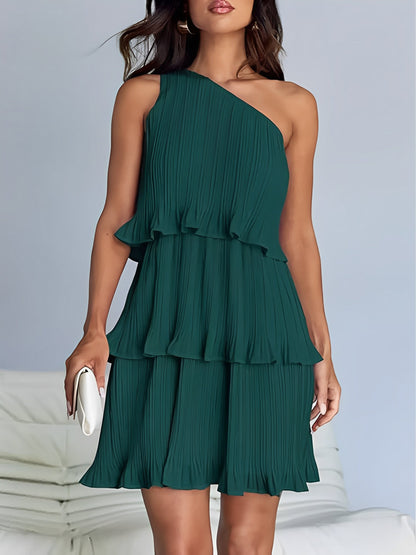 One Shoulder Pleated Ruffled Tiered Mini Dress