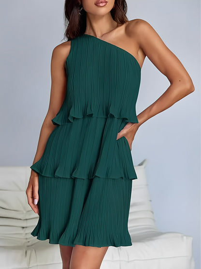 One Shoulder Pleated Ruffled Tiered Mini Dress